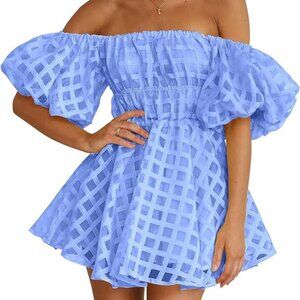 PRETTYGARDEN Women's Off The Shoulder Babydoll Dress Short Puff Sleeve Casual A